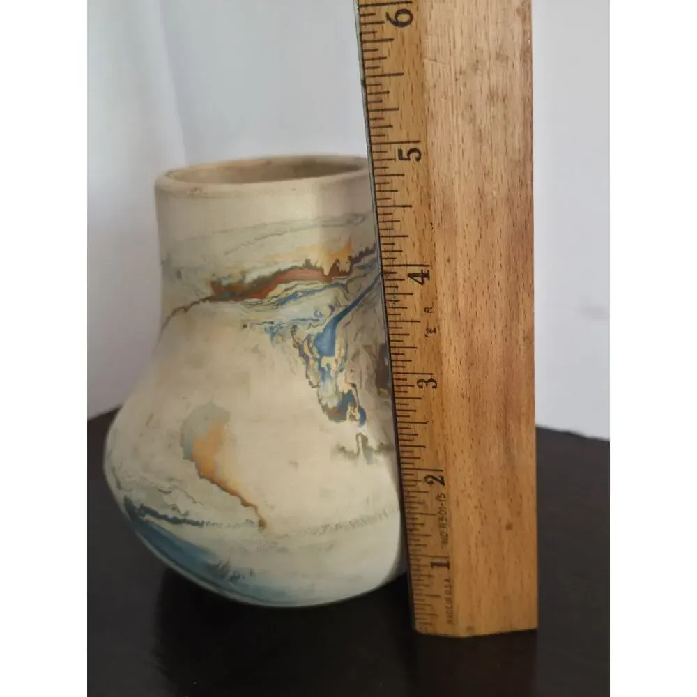 Nemadji Pottery Vase 5 inch Matte Color Swirl Vase Made In USA Blue Brown